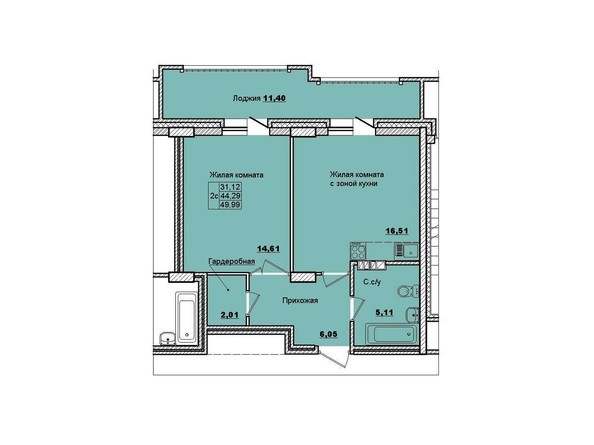 Планировка двухкомнатной квартиры 49,99 кв.м.