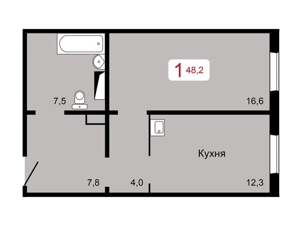 1-комнатная 48,2 кв.м