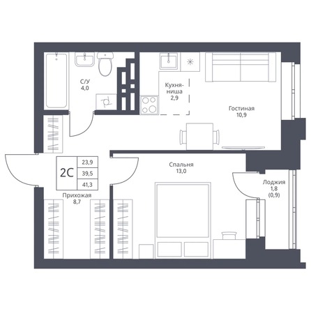 Планировка 1-комн 41,3, 41,6 м²