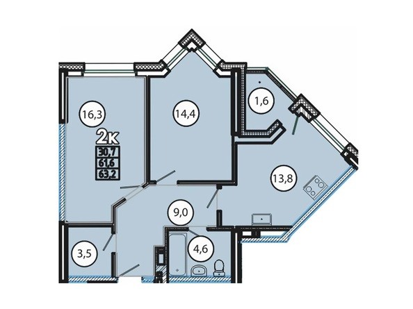 Планировка двухкомнатной квартиры 63,2 кв.м