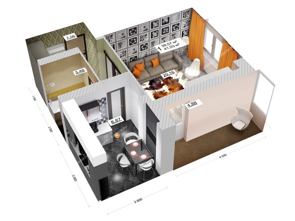 3d-макет 1-комнатной квартиры 41,03 кв.м