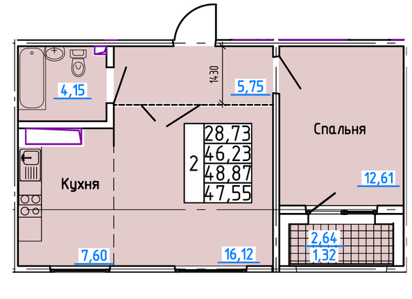 Планировка 2-комн 47,55 м²