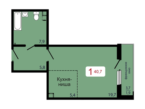 Планировка 1-комн 40,7 м²