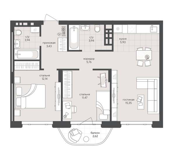 Планировка 2-комн 64,55 м²