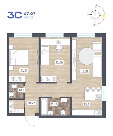 Планировка 3-комн 67,67 м²