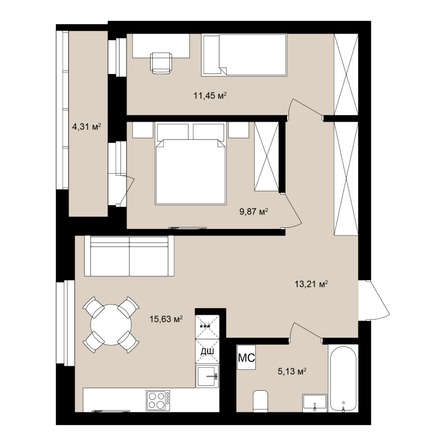 Планировка 2-комн 59,7, 59,83 м²