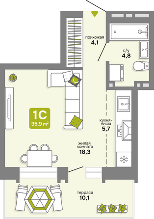 Планировка Студия 35,9 м²