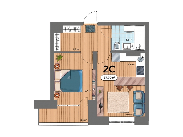 Планировка 2-комн 37,7 м²