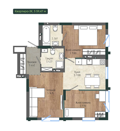 Планировка 3-комн 59,47 м²