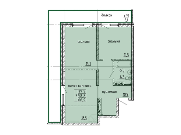 Планировка 3-комн 66,9, 67 м²