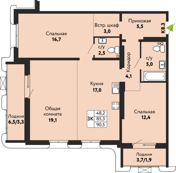 Планировка 3-комн 89,7 - 90,8 м²