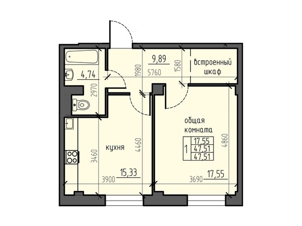 Планировка однокомнатной квартиры 47,51 кв.м