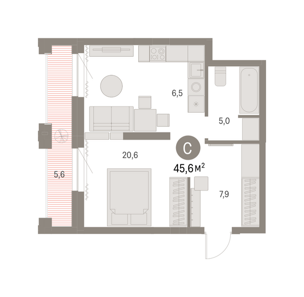 Планировка Студия 45,57 м²