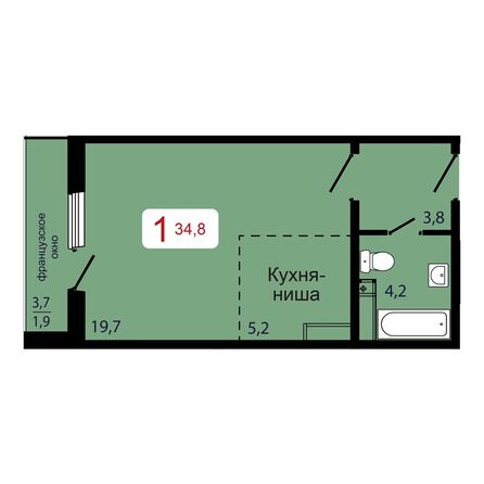 Планировка 1-комн 34,8 м²