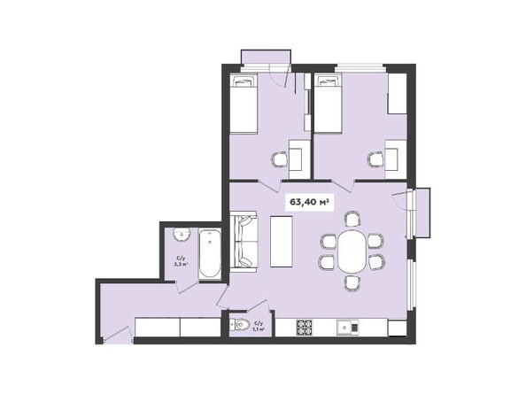 Планировка 3-комнатной квартиры 63,40 кв.м