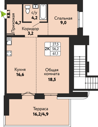Планировка 2-комн 61,1 м²