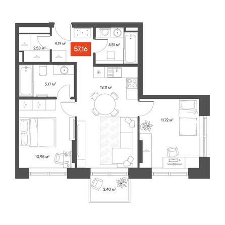 Планировка 2-комн 56,17 м²