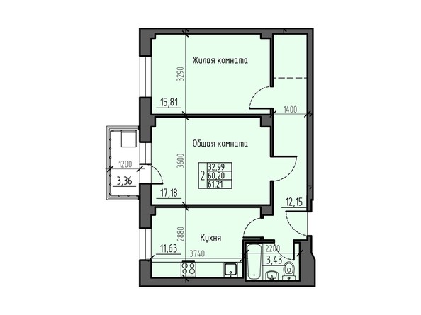 Планировка двухкомнатной квартиры 61,21 кв.м
