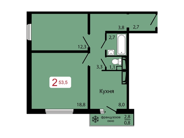 Планировка 2-комн 53,5 м²