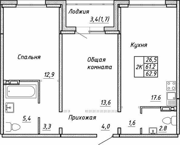 Планировка 2-комн 62,9 м²