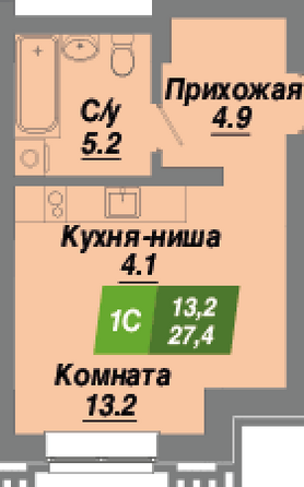 Планировка 1-комн 27,4 м²