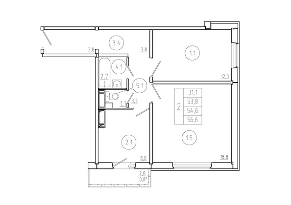 Планировка 2-комн 54,6 м²