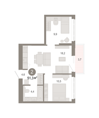 Планировка 2-комн 51,08 - 51,39 м²