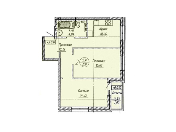 Планировка 2-комнатной квартиры 55,38 кв.м