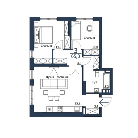 Планировка 3-комн 65,8, 65,9 м²