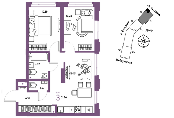 Планировка 3-комн 51,74, 52,37 м²