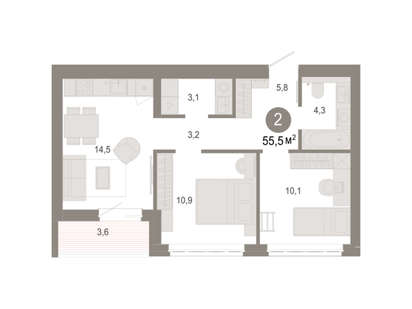 Планировка 2-комн 55,48, 55,8 м²