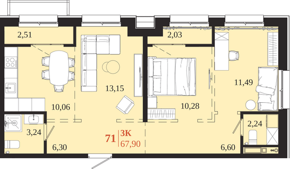 Планировка 3-комн 67,9 м²