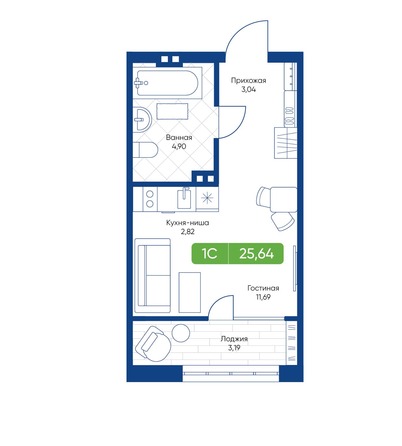 Планировка 1-комн 25,61 - 25,98 м²