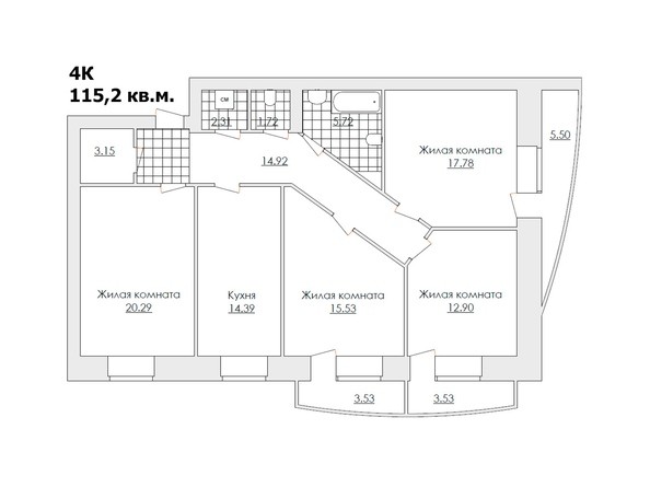 Планировка четырёхкомнатной квартиры 115,2 кв.м