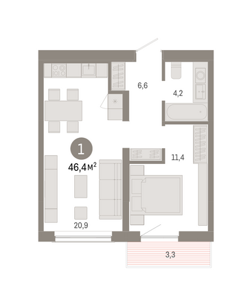 Планировка 1-комн 46,35 - 46,5 м²