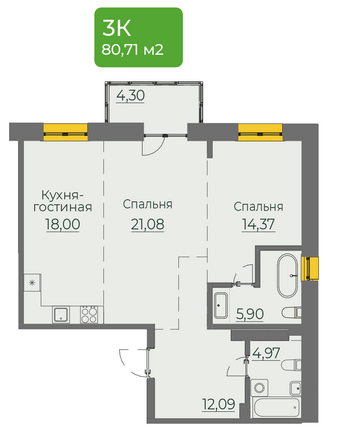 Планировка 2-комн 80,71, 80,99 м²