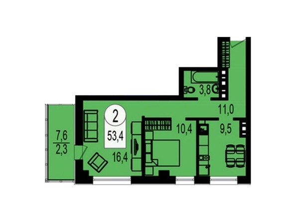 Планировка 2-комнатной квартиры 53,4 кв.м