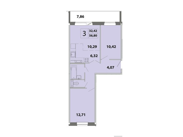 Планировка трёхкомнатной квартиры 56,8 кв.м