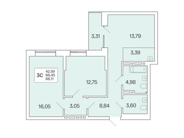 Планировка 3-комн 68,11 м²