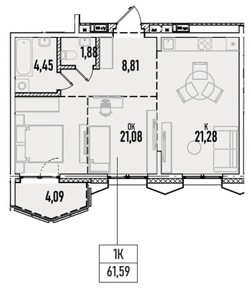 Планировка 1-комн 61,59 м²