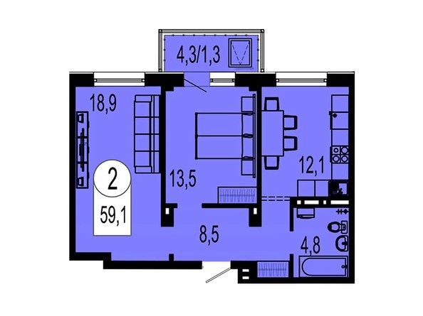 Планировка двухкомнатной квартиры 59,1 кв.м