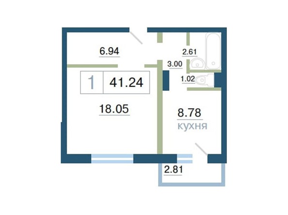 Планировка 1-комн 41,24, 41,26 м²