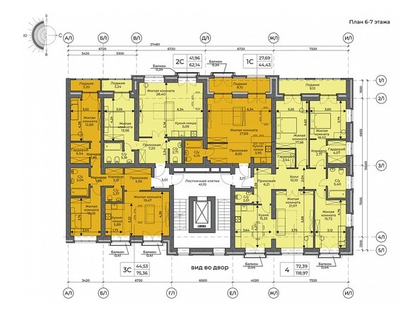 Планировка 6-7 этажей, 1 секция