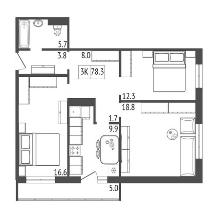 
   Продам 3-комнатную, 78.3 м², Мичурино, дом 2 строение 5

. Фото 1.