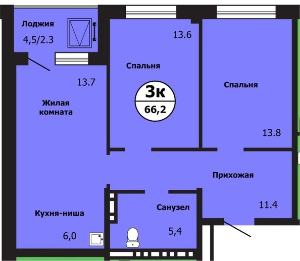 
   Продам 2-комнатную, 66.2 м², Лесников ул, 43

. Фото 3.