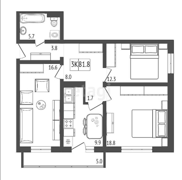 
   Продам 3-комнатную, 81.8 м², Белый квартал на Спандаряна, 2

. Фото 1.