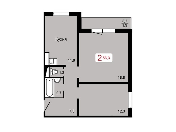 
   Продам 2-комнатную, 56.3 м², Судостроительная ул, 31к

. Фото 1.