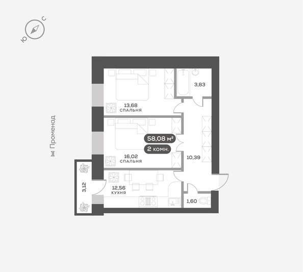 
   Продам 2-комнатную, 58.08 м², Сити-квартал Октябрьский, дом 2

. Фото 1.