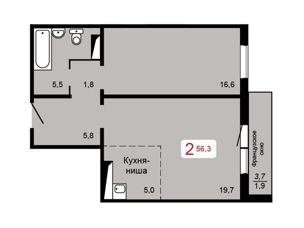 
   Продам 2-комнатную, 56.3 м², Аральская ул, 51

. Фото 3.