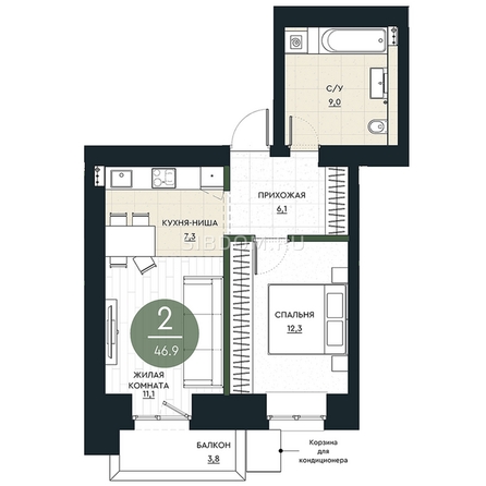 
   Продам 2-комнатную, 46.9 м², Калина Долина, дом 1

. Фото 1.